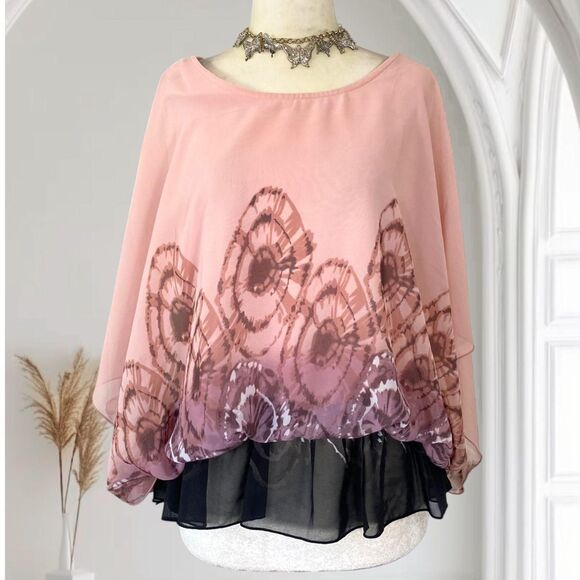 Milano Pink Black Tie Dye Swirl Whimsygoth Bat Sleeve Shawl Top Blouse L - Picture 1 of 6